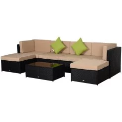 Outsunny Conjunto Muebles De Jardín De Ratán 7 Piezas Mesa Sofás Taburetes Con Cojines Lavables 2xSofá De Esquina 2xSofá 2xTaburete 1xMesa De Centro