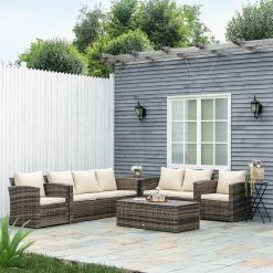 Outsunny Conjunto De Muebles De Jardín De Ratán 6 Piezas Sofá Doble Sofá De 3 Plazas 2 Sillones Individuales 2 Mesas Auxiliares Con Almacenamiento Y Cojines Acolchados Marrón Y Crema -Tienda de muebles de jardín 921afd4ae5aaf2bc15b7352b9bd13df1822b38ef bfb8dc83bd10483f861e7a07e9130bfd