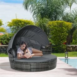 Outsunny Isla De Ratán Modular Para Exterior 5 Piezas Tumbona Redonda Con Toldo Plegable Cojines Extraíbles Lavables Y 3 Almohadas Marco De Metal 175x180x147 Cm Gris -Tienda de muebles de jardín 989df98acc2e392a8f3396d4ff52fc65e67d8cdb 08823759aa5d46b9b9e201348d7e29eb