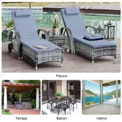 Outsunny Set De 2 Tumbonas Chaise Longue + 1 Mesa De Ratan Para Jardín O Terraza Sillas Con Cojín Y Respaldo Ajustable A 5 Niveles (Gris) -Tienda de muebles de jardín 9e679dfbc9688a81d7b9dcb9917de8b49d73a8d7 8e1e2b16042842eba137449a056535b7