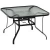 Outsunny Mesa De Cristal De Jardín Con Agujero Para Sombrilla Mesa Para Comer Cuadrada Con Marco De Acero Para Exterior Terraza Balcón 106,5x106,5x71 Cm Negro