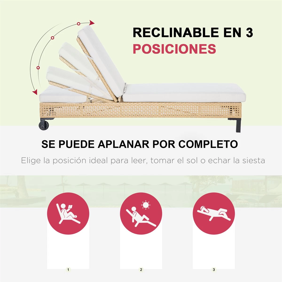 Outsunny Tumbona De Ratán Sintético Chaise Longue Con Respaldo Ajustable En 5 Posiciones Cojín Acolchado Y 2 Ruedas Para Jardín Terraza Acero 200x65x31 Cm Natural Y Beige 6 Outsunny Tumbona De Ratán Sintético Chaise Longue Con Respaldo Ajustable En 5 Posiciones Cojín Acolchado Y 2 Ruedas Para Jardín Terraza Acero 200x65x31 Cm Natural Y Beige - Imagen 4