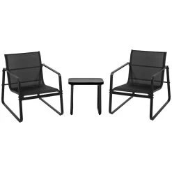 Outsunny Conjunto De Muebles De Jardín 3 Piezas Mesa De Vidrio Templado 44x44x41 Cm Y 2 Sillas 62x80x75 Cm Con Reposabrazos Y Respaldo Transpirable Para Terraza Balcón Negro