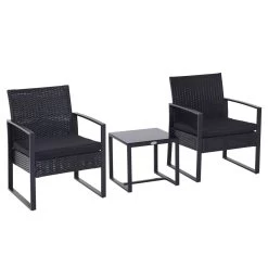 Outsunny Conjunto De Muebles De Ratán De Jardín 3 Piezas Set De Comedor Con 1 Mesa 42,5x40x39 Cm 2 Sillones 63x57x76 Cm Y Cojines Acolchados Para Patio Terraza Balcón Negro