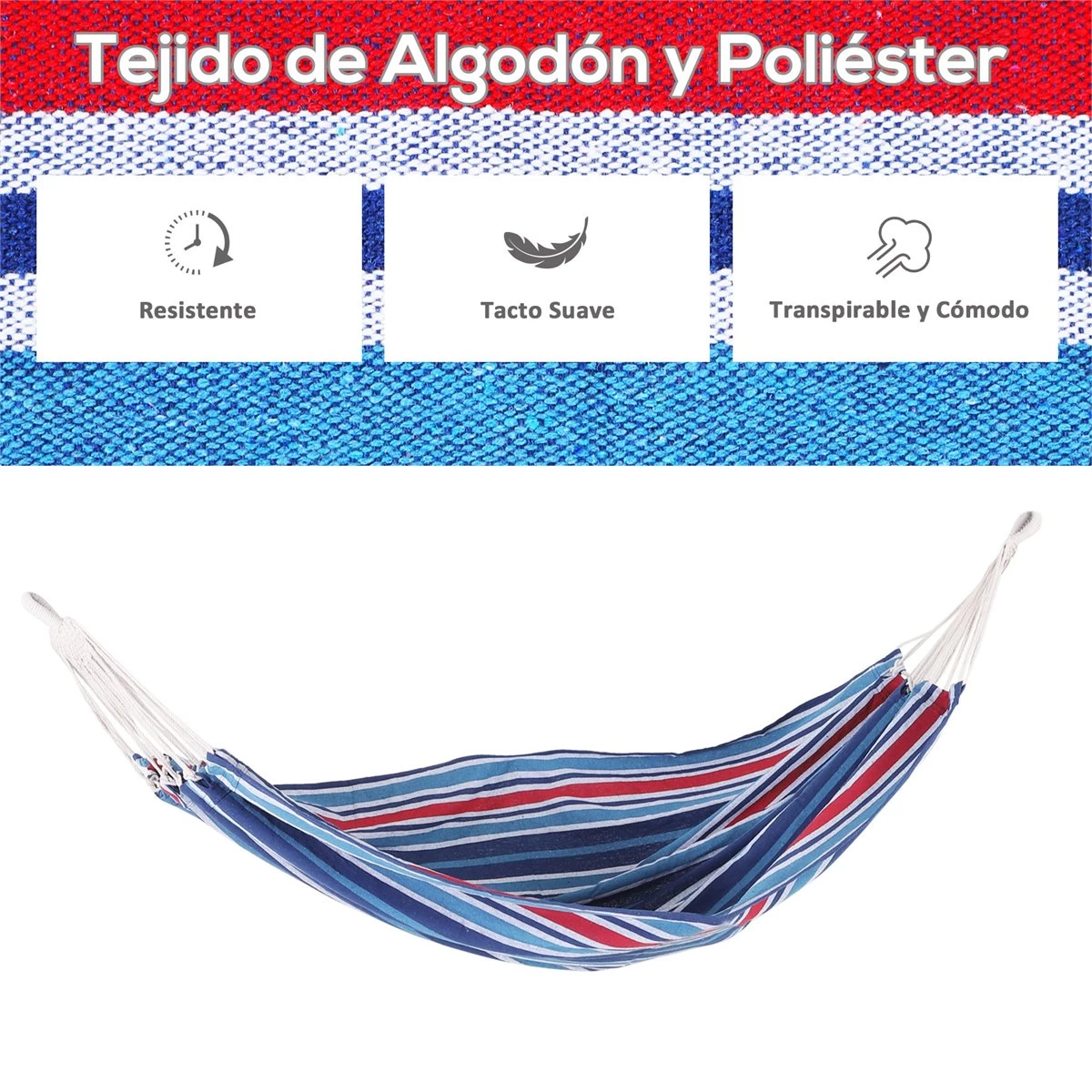 Outsunny Hamaca De Algodón Para Jardín 210x150 Cm Hamaca Colgante Portátil Carga Máx. 180 Kg Para Acampar Piscina Camping Rayas Azul Y Rojo 7 Outsunny Hamaca De Algodón Para Jardín 210x150 Cm Hamaca Colgante Portátil Carga Máx. 180 Kg Para Acampar Piscina Camping Rayas Azul Y Rojo - Imagen 5