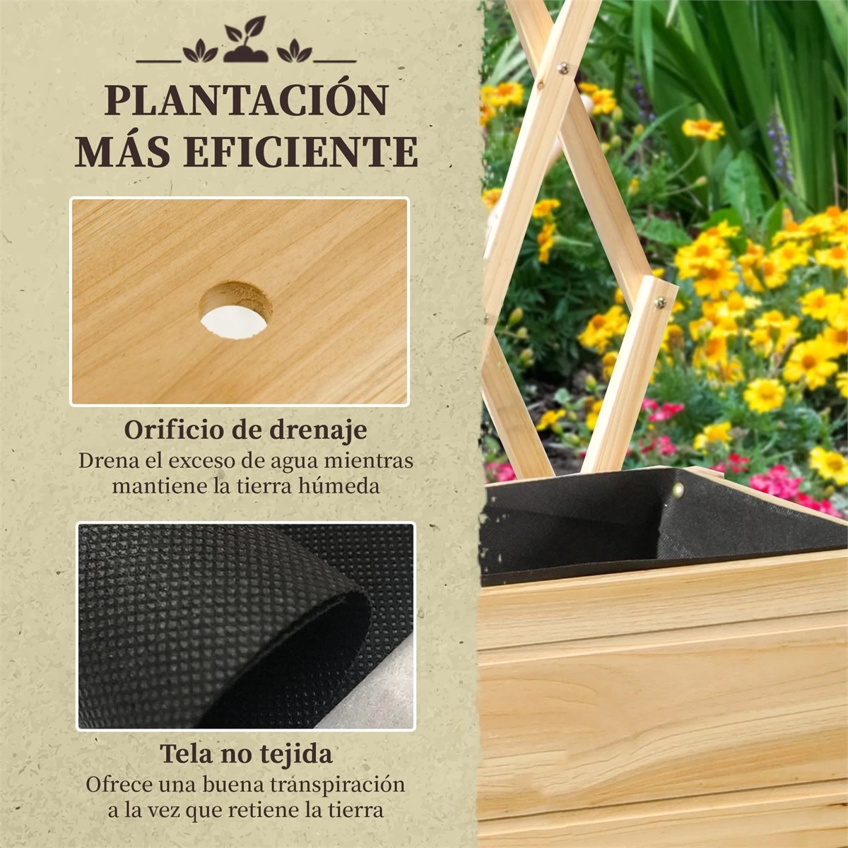 Outsunny Huerto Urbano Elevado De Madera Con Ruedas Mesa De Cultivo Con Enrejado Cama De Jardín Elevado Con Tela No Tejida Y Orificio De Drenaje Para Plantas Flores 79x29x130 Cm Natural 8 Outsunny Huerto Urbano Elevado De Madera Con Ruedas Mesa De Cultivo Con Enrejado Cama De Jardín Elevado Con Tela No Tejida Y Orificio De Drenaje Para Plantas Flores 79x29x130 Cm Natural - Imagen 6