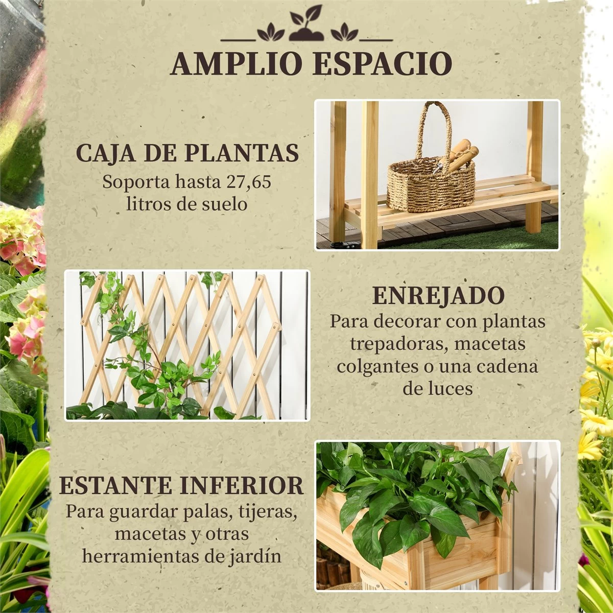 Outsunny Huerto Urbano Elevado De Madera Con Ruedas Mesa De Cultivo Con Enrejado Cama De Jardín Elevado Con Tela No Tejida Y Orificio De Drenaje Para Plantas Flores 79x29x130 Cm Natural 6 Outsunny Huerto Urbano Elevado De Madera Con Ruedas Mesa De Cultivo Con Enrejado Cama De Jardín Elevado Con Tela No Tejida Y Orificio De Drenaje Para Plantas Flores 79x29x130 Cm Natural - Imagen 4