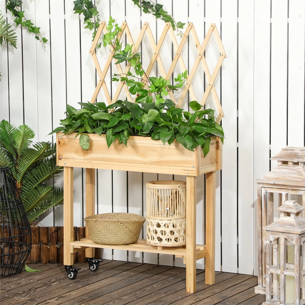 Outsunny Huerto Urbano Elevado De Madera Con Ruedas Mesa De Cultivo Con Enrejado Cama De Jardín Elevado Con Tela No Tejida Y Orificio De Drenaje Para Plantas Flores 79x29x130 Cm Natural 4 Outsunny Huerto Urbano Elevado De Madera Con Ruedas Mesa De Cultivo Con Enrejado Cama De Jardín Elevado Con Tela No Tejida Y Orificio De Drenaje Para Plantas Flores 79x29x130 Cm Natural - Imagen 2