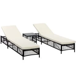 Outsunny Conjunto De 2 Tumbonas De Jardín Exterior Tumbonas De Mimbre Tejido Con Mesa De Tapa De Vidrio Respaldo Reclinable De 5 Posiciones Y Cojines Suaves 196x54x32 Cm Negro