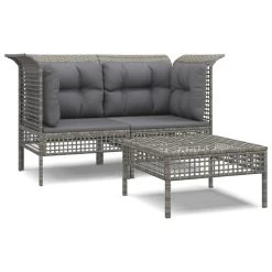 Set De Muebles De Jardín 3 Pzas Y Cojines Ratán Sintético Gris VidaXL