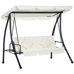Outsunny Columpio Balancín Jardín De 3 Plazas Convertible En Cama Con Techo Ajustable Cojín Acolchado Y Almohadas Para Balcón Terraza Carga 340 Kg Acero 200x125x170 Cm Crema