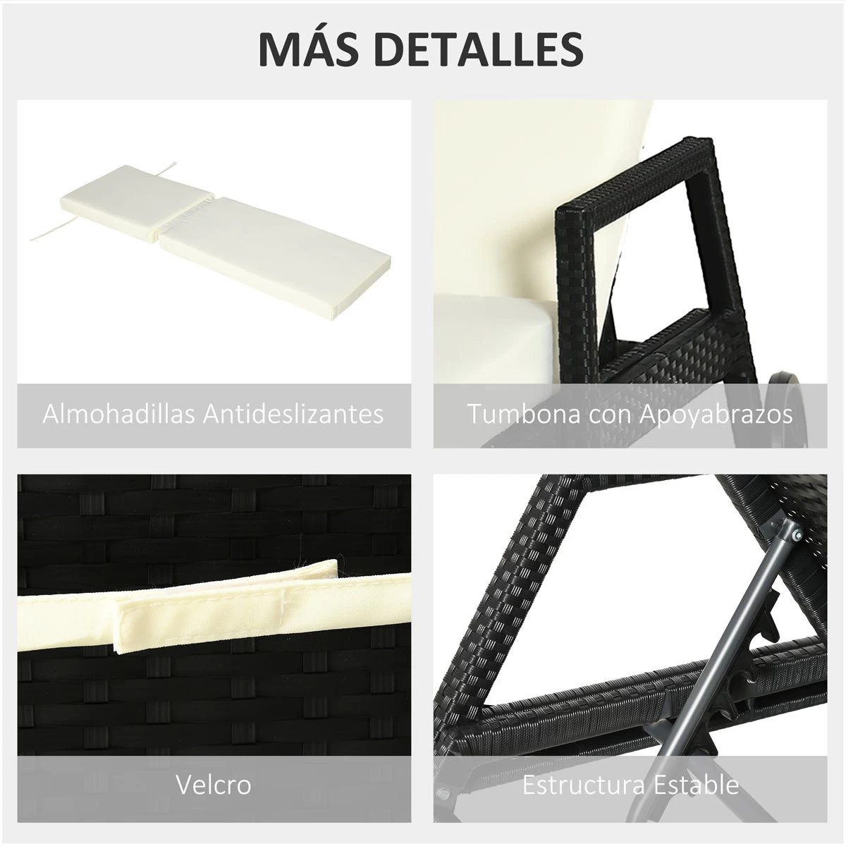 Outsunny Conjunto De 2 Tumbonas De Ratán De Jardín Con Cojines Acolchados Respaldo Ajustable En 5 Posiciones 2 Ruedas Y Tela Extraíble Lavable 67x196x51 Cm Negro 8 Outsunny Conjunto De 2 Tumbonas De Ratán De Jardín Con Cojines Acolchados Respaldo Ajustable En 5 Posiciones 2 Ruedas Y Tela Extraíble Lavable 67x196x51 Cm Negro - Imagen 6